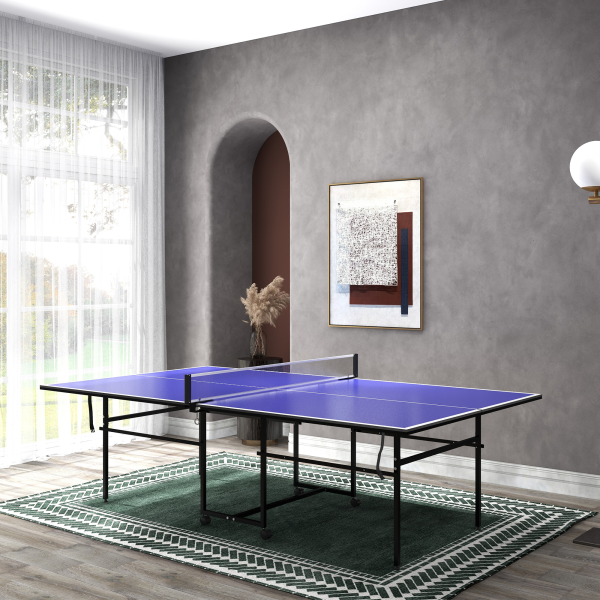 SPORTNOW 9FT Folding Table Tennis Table w/ 4 Wheels, for Indoors, Blue - Image 2