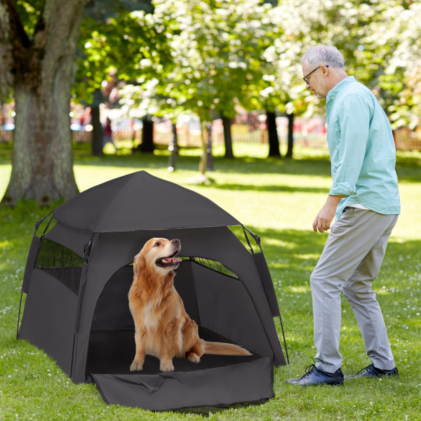 PawHut Foldable Dog Cat Tent with Waterproof Oxford Cloth, Carry Bag, Grey - Image 3
