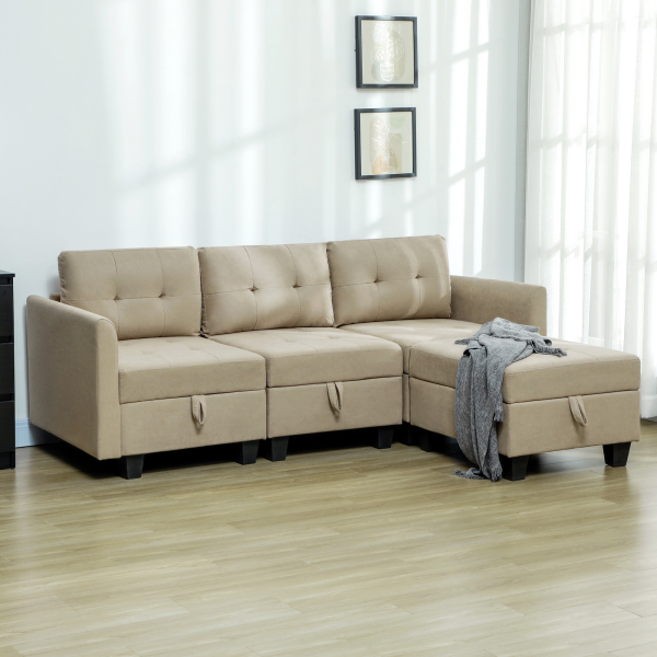 HOMCOM Convertible Modular Sectional Sofa w/ Storage Wood Frame Light Brown - Image 2