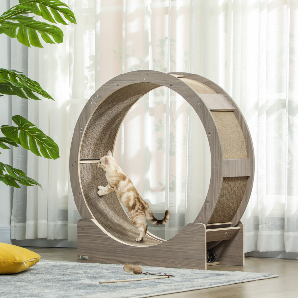 PawHut Cat Wheel with Brake, Scratching Pads - Walnut Brown - Image 3