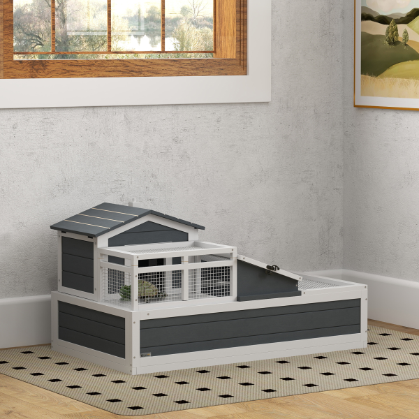 PawHut Wooden Tortoise House Indoor Outdoor w/ Balcony, Tray, Openable Roof - Image 3
