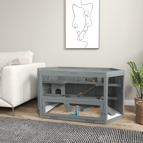 PawHut 3 Tier Wooden Hamster Cage Gerbil Play Centre w/ Sliding Tray Ramps - Image 3