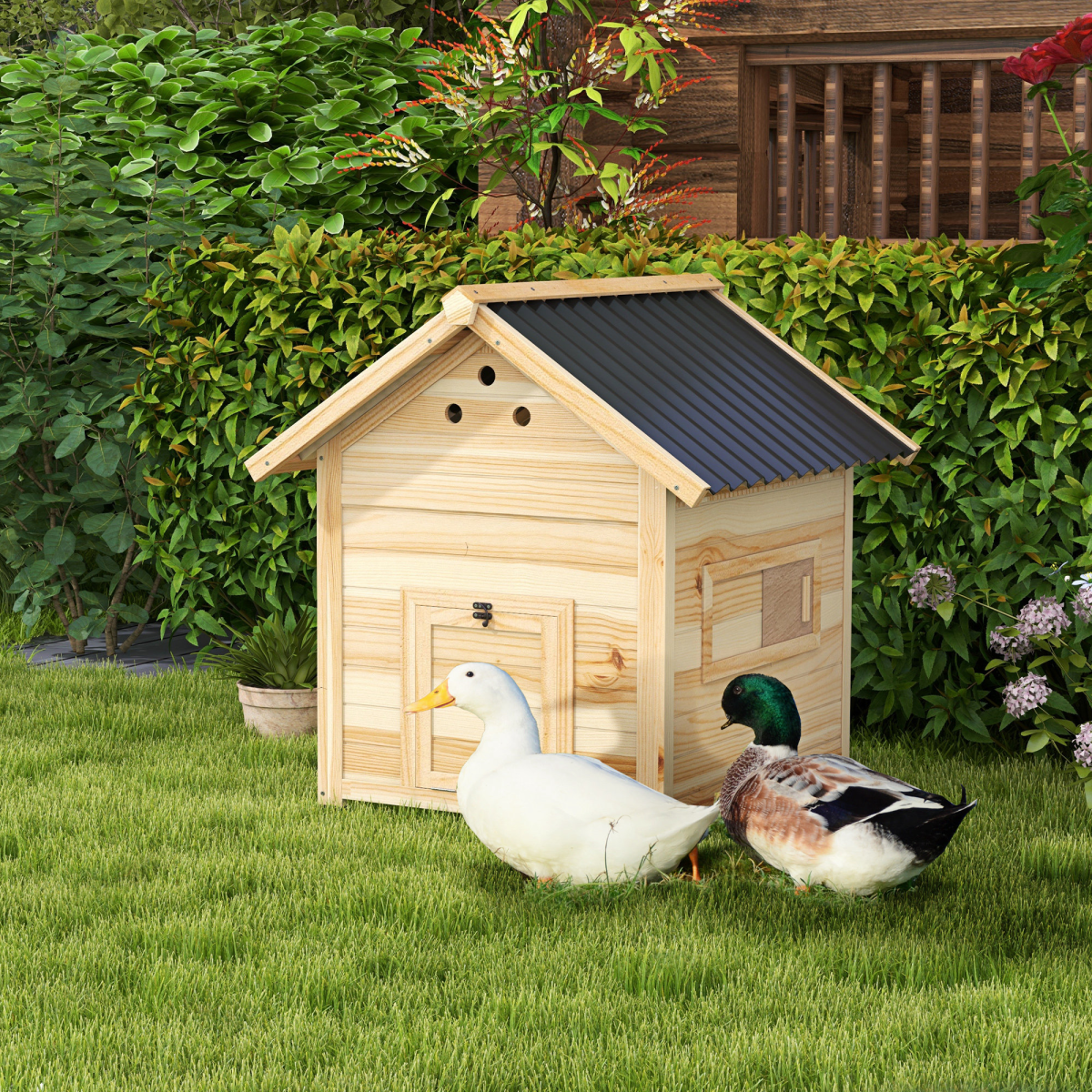PawHut Wooden Duck House, Poultry Coop with Double Doors, Openable Roof - Image 3