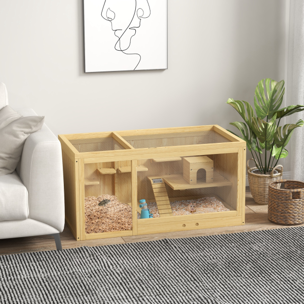 PawHut Wooden Hamster Cage with Water Bottle, Platforms, Openable Roof - Image 3