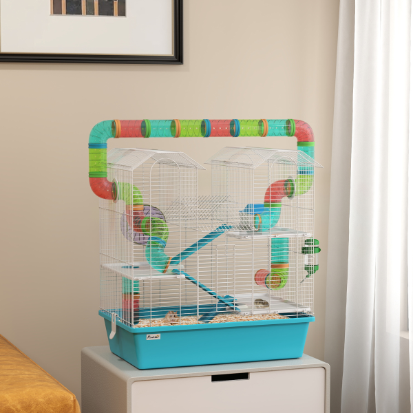 PawHut 4 Tier Hamster Cage with Tubes, for Drawf, 58 x 36 x 65cm, Light Blue - Image 3