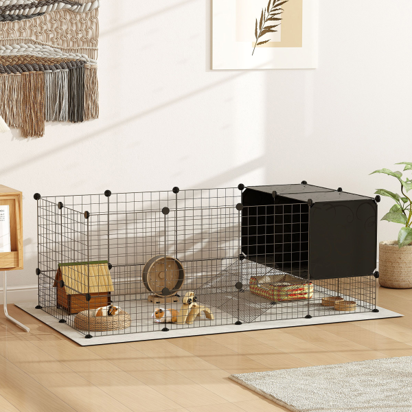 PawHut DIY Small Animal Cage w/ Elevated Huts for Guinea Pigs, Rabbits - Image 3