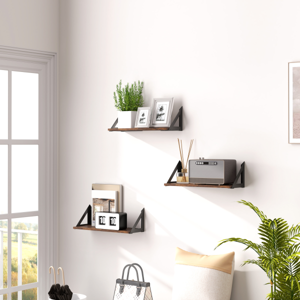 HOMCOM Set of 3 Vintage Wall Shelves for Living Room Rustic Brown - Image 3
