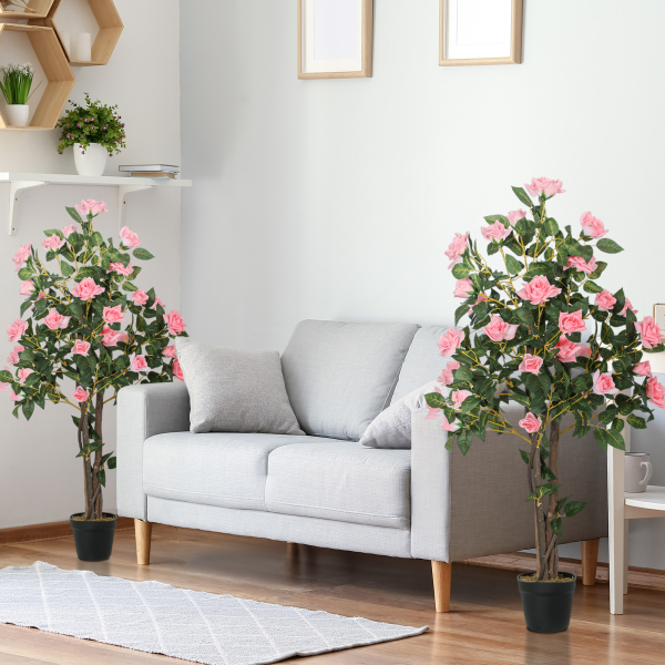 HOMCOM Set of 2 Decorative Artificial Plants Rose Trees in Pot, Pink - Image 3