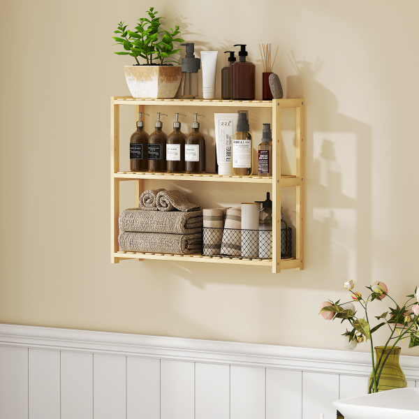 HOMCOM 3-Tier Bamboo Bathroom Storage Shelf with Adjustable Rack, Natural - Image 3