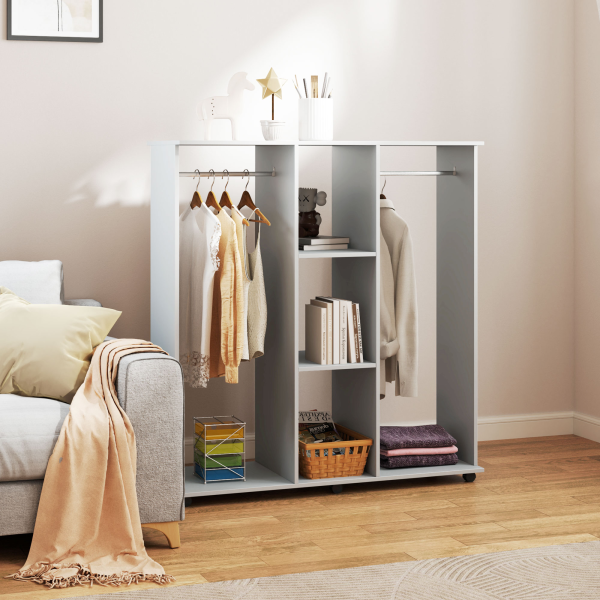 HOMCOM Mobile Double Open Wardrobe w/ Clothes Hanging Rail Clothing Grey - Image 3