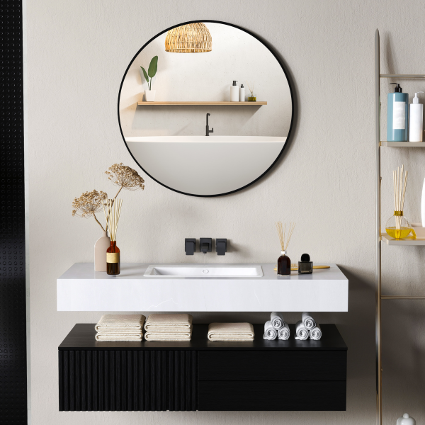 HOMCOM Round Bathroom Mirror, Modern Wall Mirror with Steel Frame, Black - Image 3