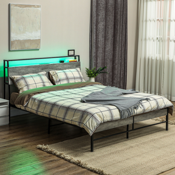 HOMCOM LED King Bed Frame with Charging Station, 150 x 200cm, Cement Grey - Image 3