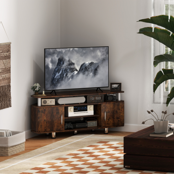 HOMCOM TV Unit Cabinet with Storage Shelves Entertainment Center Rustic Brown - Image 2