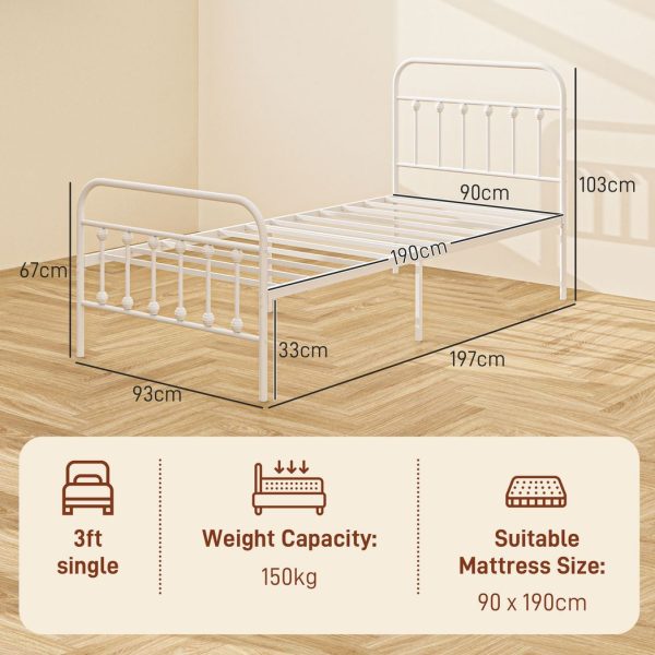HOMCOM 3ft Metal Single Platform Bed Frame w/ Underbed Storage Headboard White - Image 5