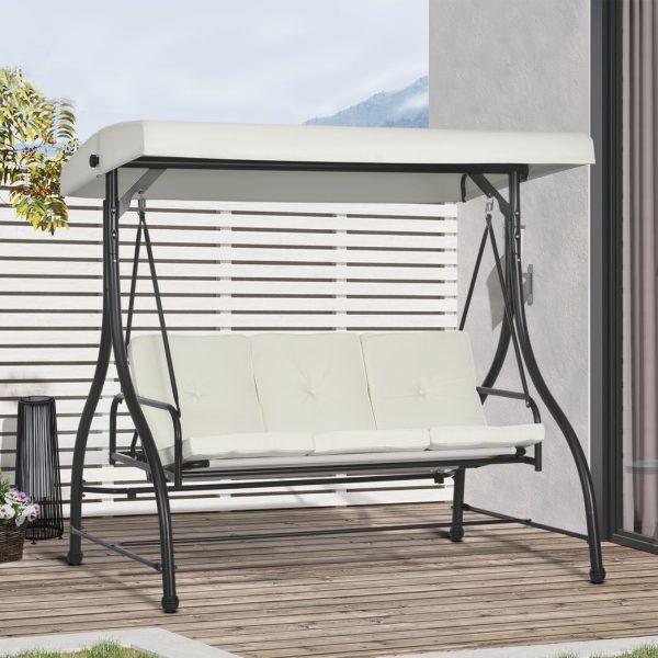 Outsunny 3 Seater Canopy Swing Chair Porch Hammock Bed Rocking Bench Cream White - Image 2