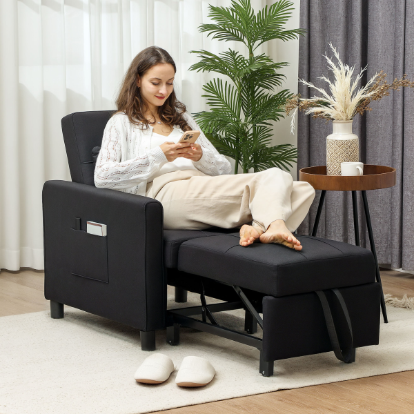 HOMCOM Folding Chair Bed, Sleeper Chair with Pillow, Side Pockets, Black - Image 2
