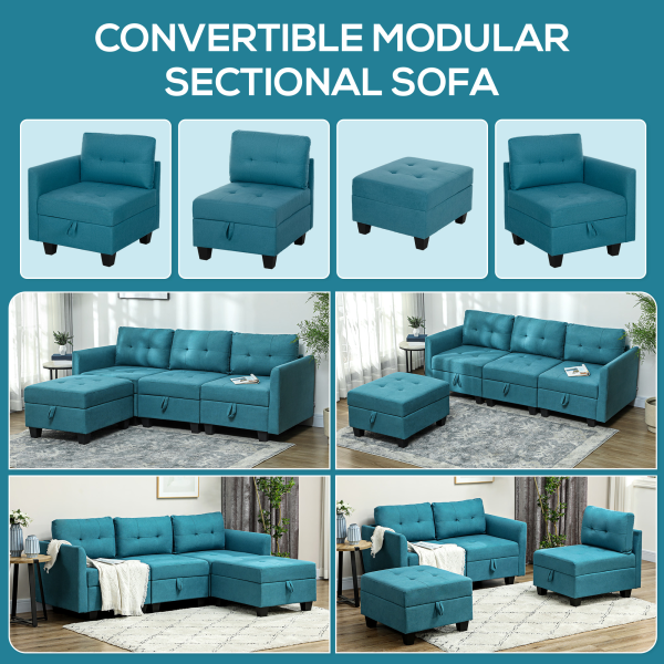 HOMCOM Convertible Modular Sectional Sofa w/ Storage Wood Frame Light Blue - Image 4