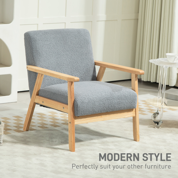 HOMCOM Accent Chair with Wood Frame Wide Seat Cashmere Armchair Grey - Image 3