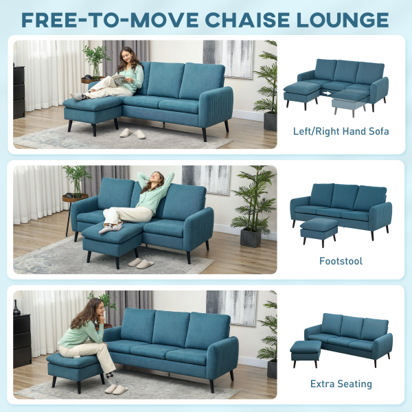 HOMCOM 3 Seater Corner Sofa Couch Settee with Chaise Lounge, Blue - Image 4
