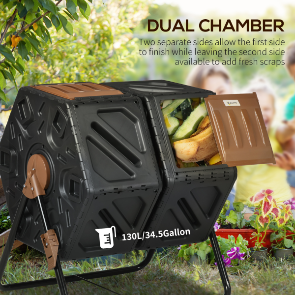 Outsunny 130L Compost Bin Dual Chamber Rotating Composter w/ Ventilation Holes - Image 4