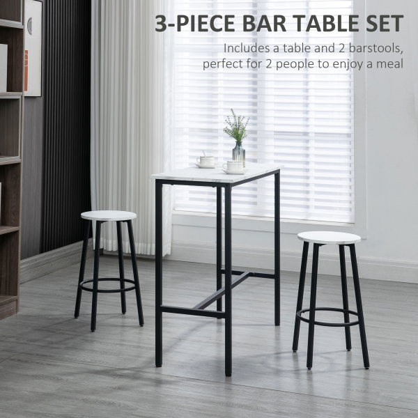 HOMCOM 3 Piece Bar Table Set for 2 with Stools Steel Frame Footrest White - Image 3