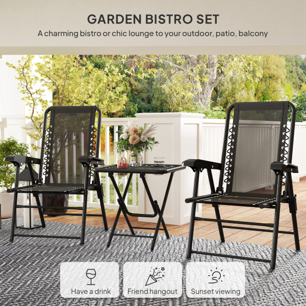 Outsunny 3 Pieces Folding Garden Bistro Set with Cup Holders, Black - Image 4