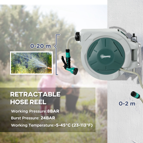 Outsunny Retractable Hose Reel Wall Mounted with Lock, Light Grey - Image 4