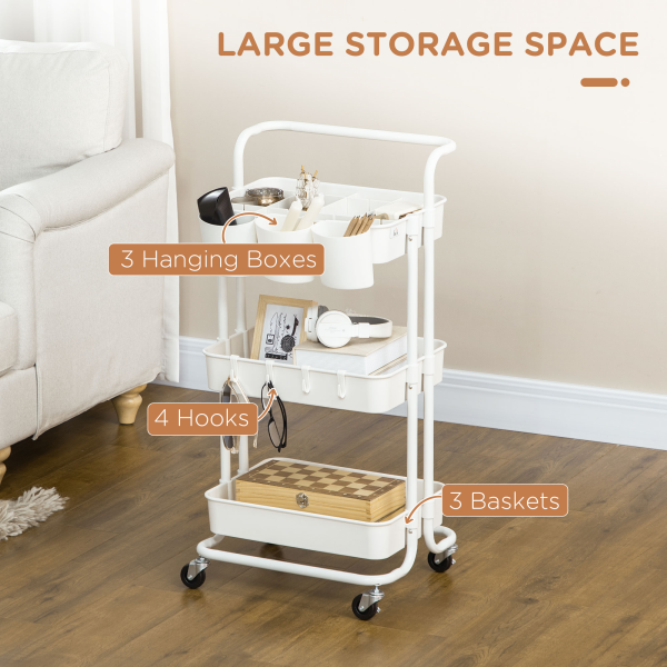 HOMCOM 3-Tier Utility Cart, Rolling Serving Trolley with Baskets and Hooks - Image 4