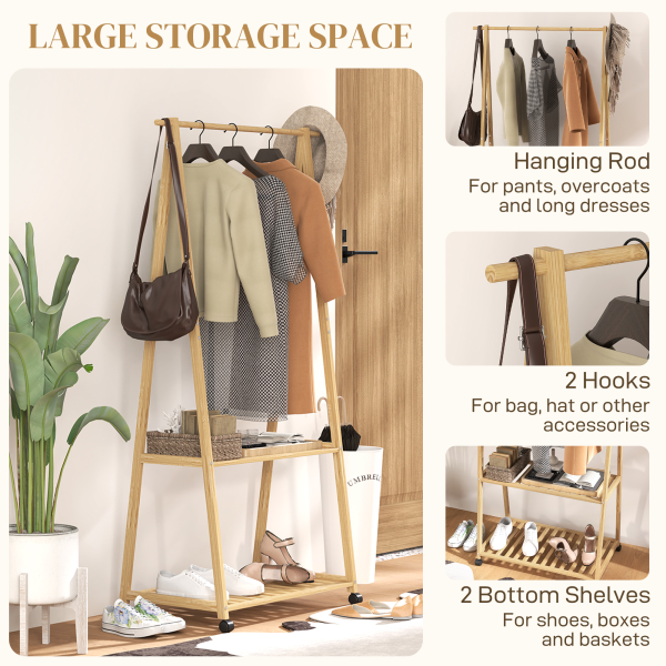 HOMCOM Bamboo Clothes Rail Rack with 2 Storage Shelves, Natural Wood Effect - Image 4