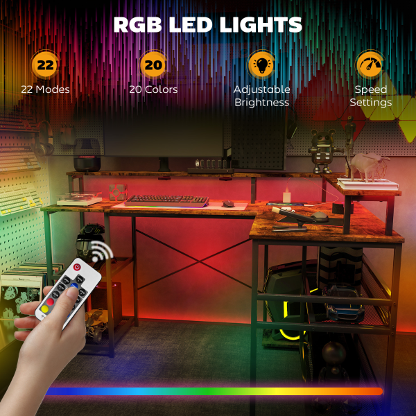 HOMCOM L Shaped Gaming Desk w/ LED Lights and Power Outlets for Small Space - Image 4