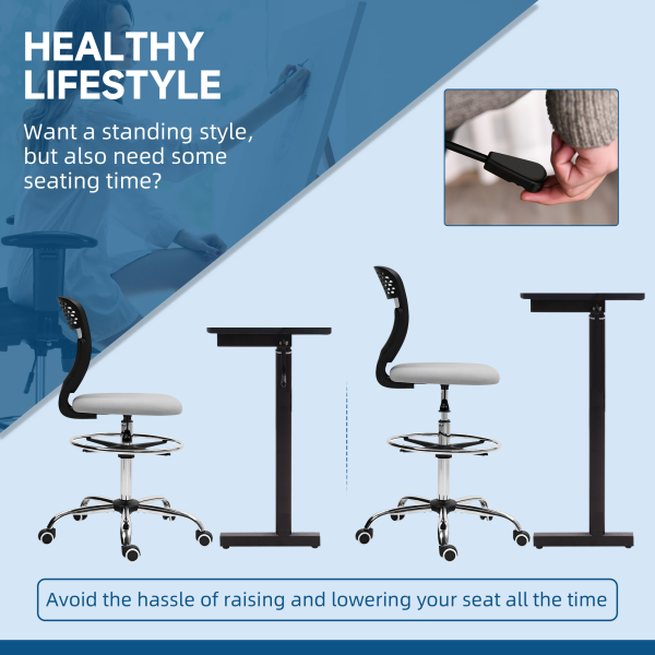 Vinsetto Draughtsman Chair, Office Chair with Wheels, Light Grey - Image 4
