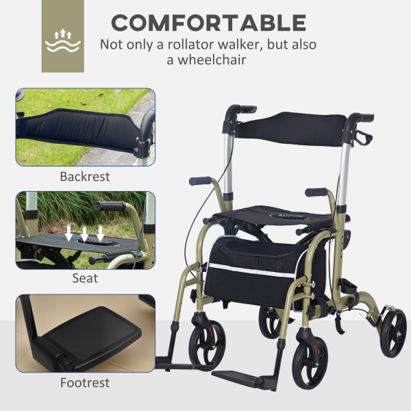 HOMCOM 2 in 1 Wheelchair & Folding Rollator Walker Combo, Yellow-green - Image 4