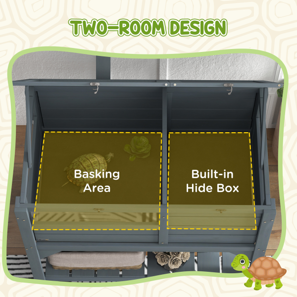 PawHut Wooden Tortoise House w/ Run, Shelter, Shelf, Lamp Holder, Grey - Image 4