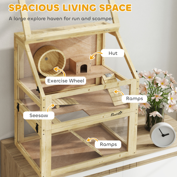 PawHut Wooden Hamster Cage w/ Detachable Bottom, Hut, Seesaw, 60 x 40 x 75cm - Image 4