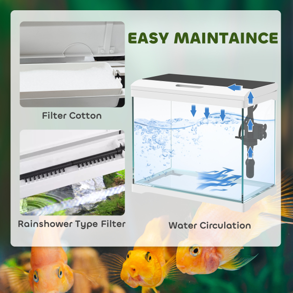 PawHut 17L Glass Fish Tank with Filter System, LED Light, Water Pump, White - Image 4