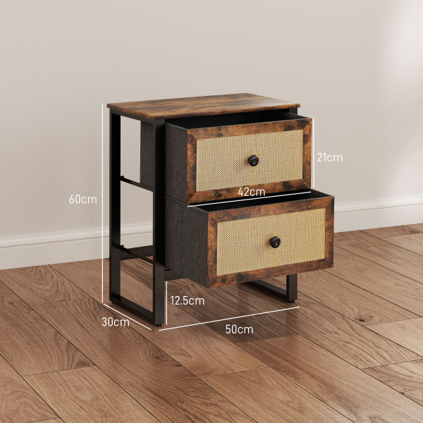 HOMCOM Bedside Table with 2 Rattan Drawers and Steel Legs, Rustic Brown - Image 3