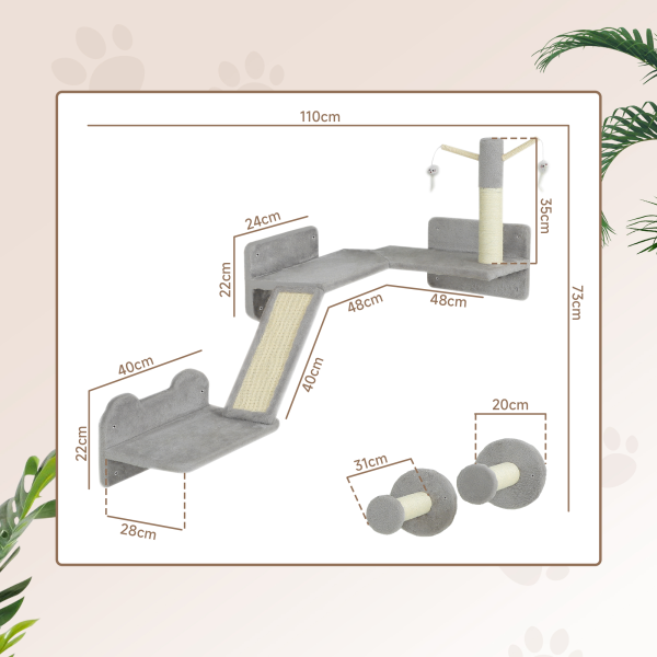 PawHut 3PCs Corner Design Cat Wall Shelves Furniture, Light Grey - Image 3