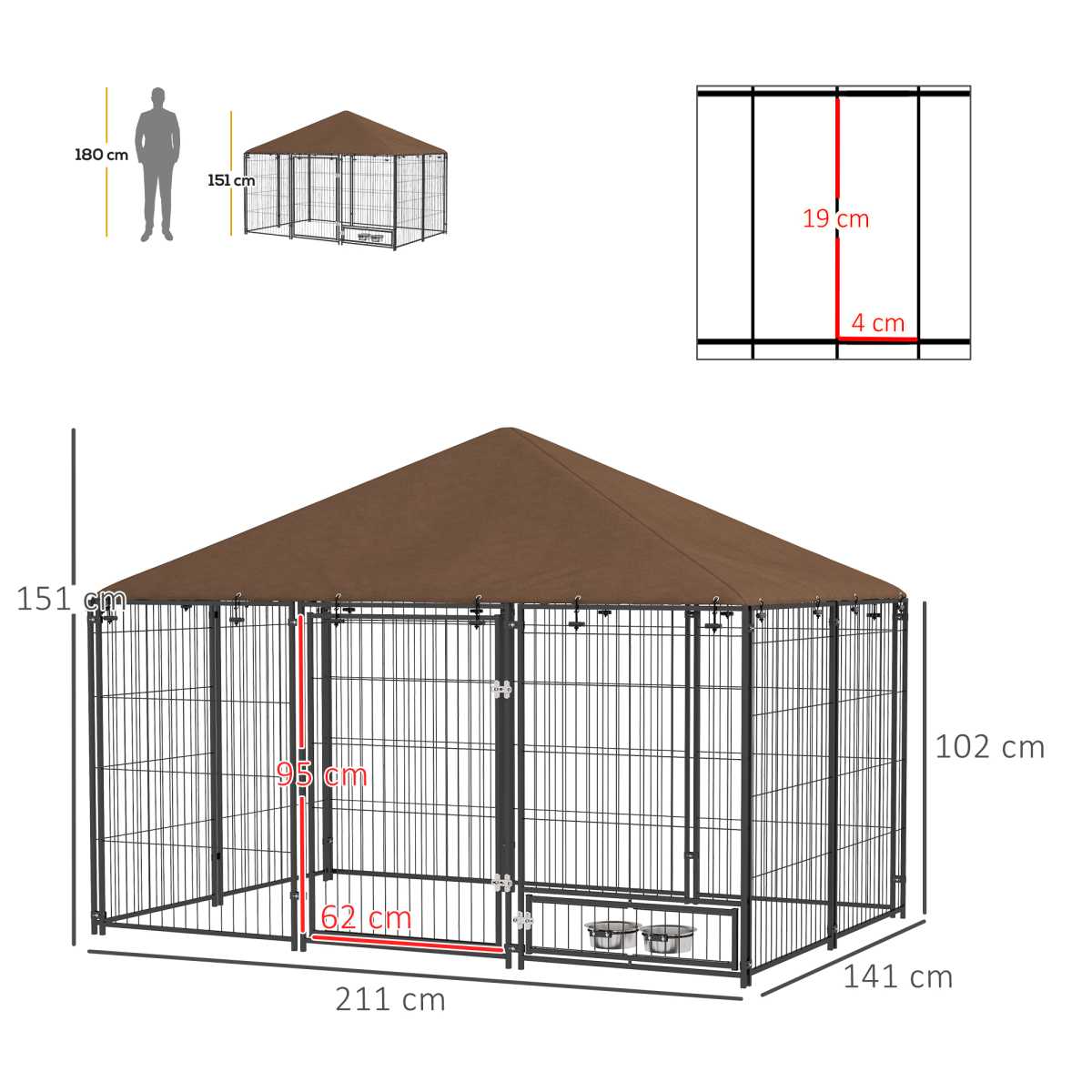 PawHut Outdoor Dog House Kennel with Canopy Top & Lock Rotating Bowl Holder - Image 3
