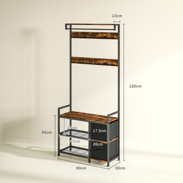 HOMCOM Coat Rack with Drawer, 4-in-1 Hall Tree with Coat Stand, Rustic Brown - Image 3