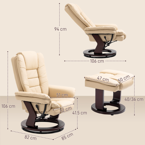 HOMCOM Swivel Manual Recliner and Footrest Set PU Leather Lounge Chair Beige - Image 3