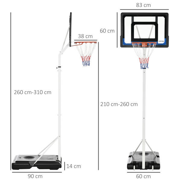SPORTNOW 2.1-2.6m Basketball Hoop and Stand w/ Weighted Base, Wheels, White - Image 3
