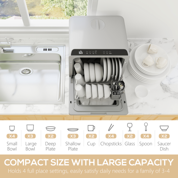 HOMCOM Worktop Dishwasher w/ 4 Place Settings 6 Programs, Silver Tone - Image 4