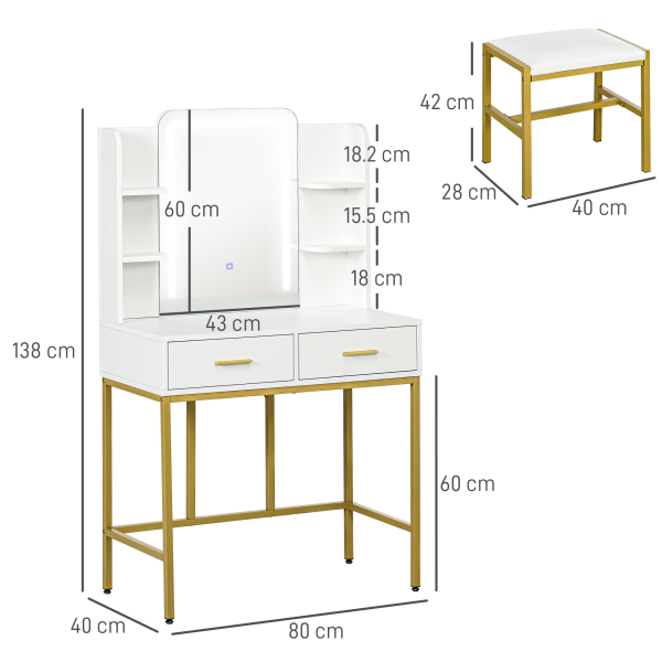 HOMCOM Makeup Vanity Desk Set with Lighting Mirror, Stool, Drawers, White - Image 3