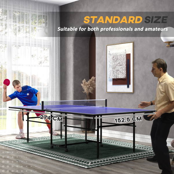 SPORTNOW 9FT Folding Table Tennis Table w/ 4 Wheels, for Indoors, Blue - Image 3