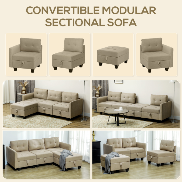 HOMCOM Convertible Modular Sectional Sofa w/ Storage Wood Frame Light Brown - Image 3