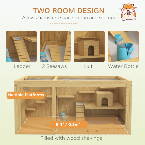 PawHut Wooden Hamster Cage with Water Bottle, Platforms, Openable Roof - Image 4