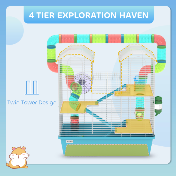 PawHut 4 Tier Hamster Cage with Tubes, for Drawf, 58 x 36 x 65cm, Light Blue - Image 4