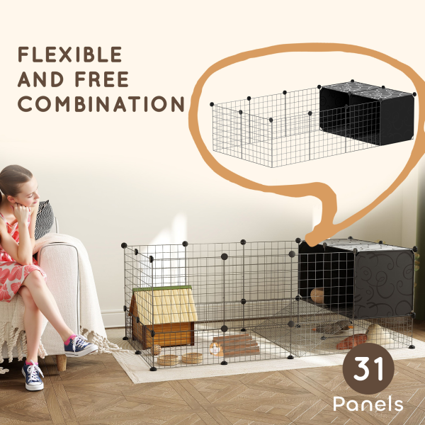 PawHut DIY Small Animal Cage w/ Elevated Huts for Guinea Pigs, Rabbits - Image 4
