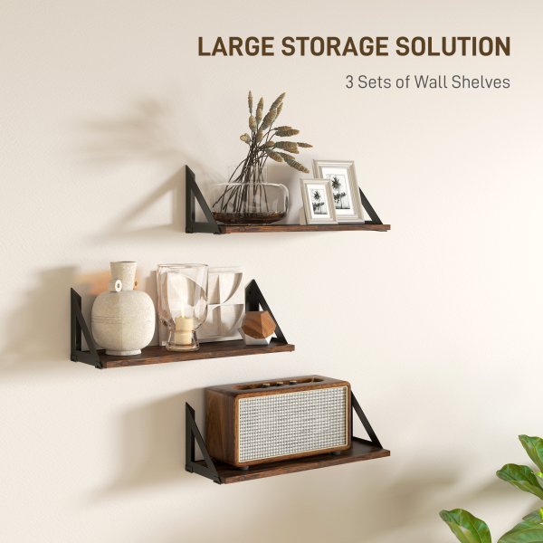 HOMCOM Set of 3 Vintage Wall Shelves for Living Room Rustic Brown - Image 4