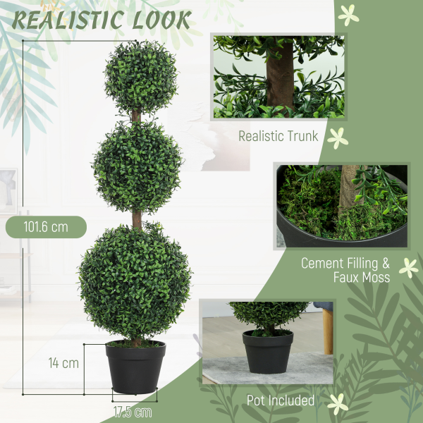 HOMCOM Set of 2 Decorative Artificial Plants Boxwood Trees in Pot, Green - Image 4